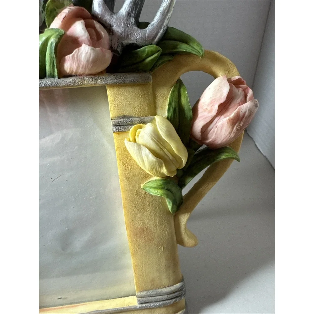 VTG WATERING CAN GARDENING TOOLS PINK TULIPS PICTURE PHOTO FRAME CERAMIC POTTERY